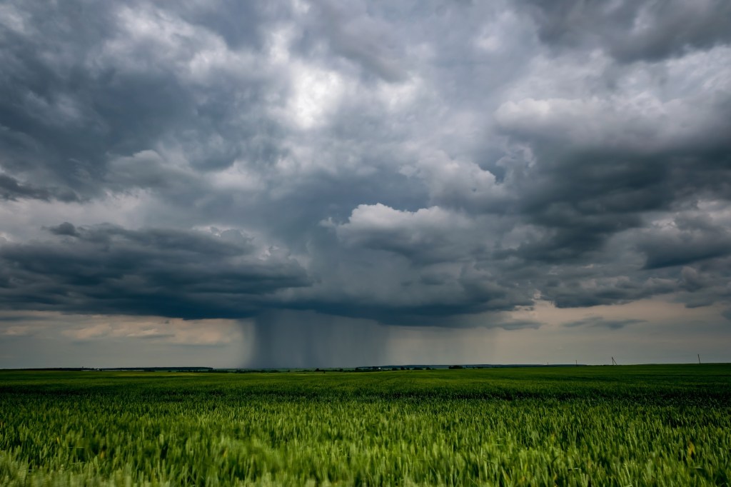 Dark storm clouds looming over a green field, with rain visibly falling in the distance.