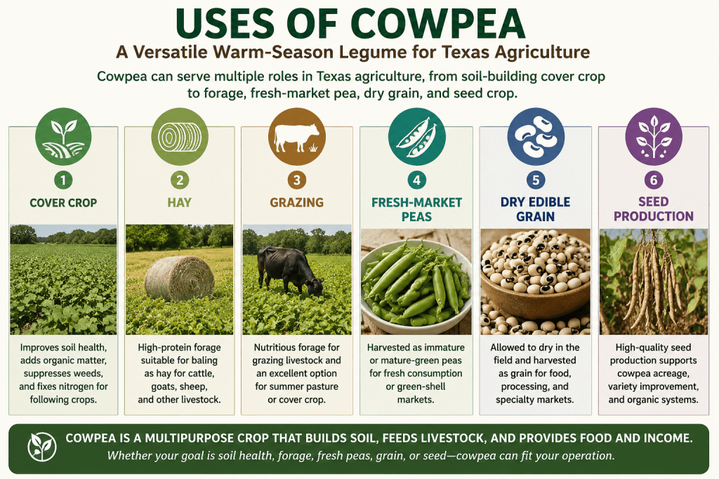 Uses of Cowpea, a versatile warm-season legume for Texas Agriculture.