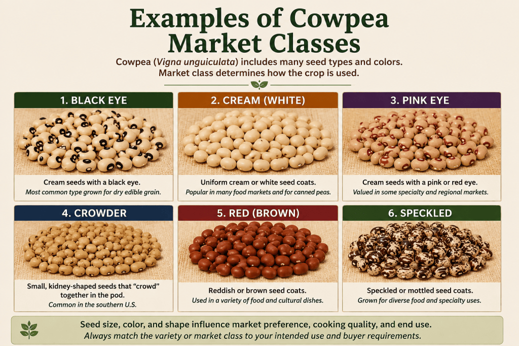 Examples of six cowpea market classes—blackeye, cream, pinkeye, crowder, red-brown, and speckled—showing differences in seed color, eye pattern, and shape.
