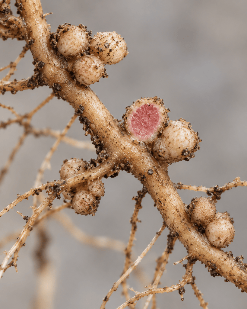 Close-up of cowpea roots with several nodules, including one cut open to show the pink-red interior associated with active nitrogen fixation.