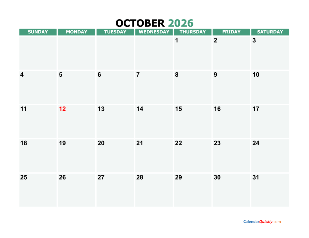 October 2026 calendar with dates from the 1st to the 31st, including a highlighted date on the 12th.