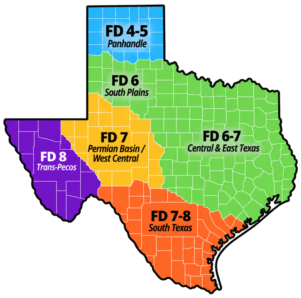 Map of Texas divided into various fire districts, labeled FD 4-5 for Panhandle, FD 6 for South Plains, FD 7 for Permian Basin/West Central, FD 6-7 for Central & East Texas, FD 8 for Trans-Pecos, and FD 7-8 for South Texas.