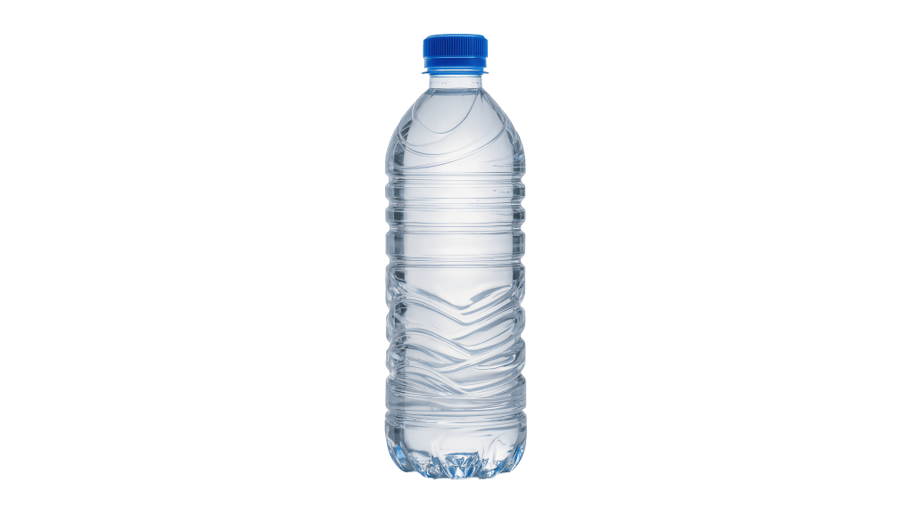 Plastic water bottle with a blue cap against a transparent background.