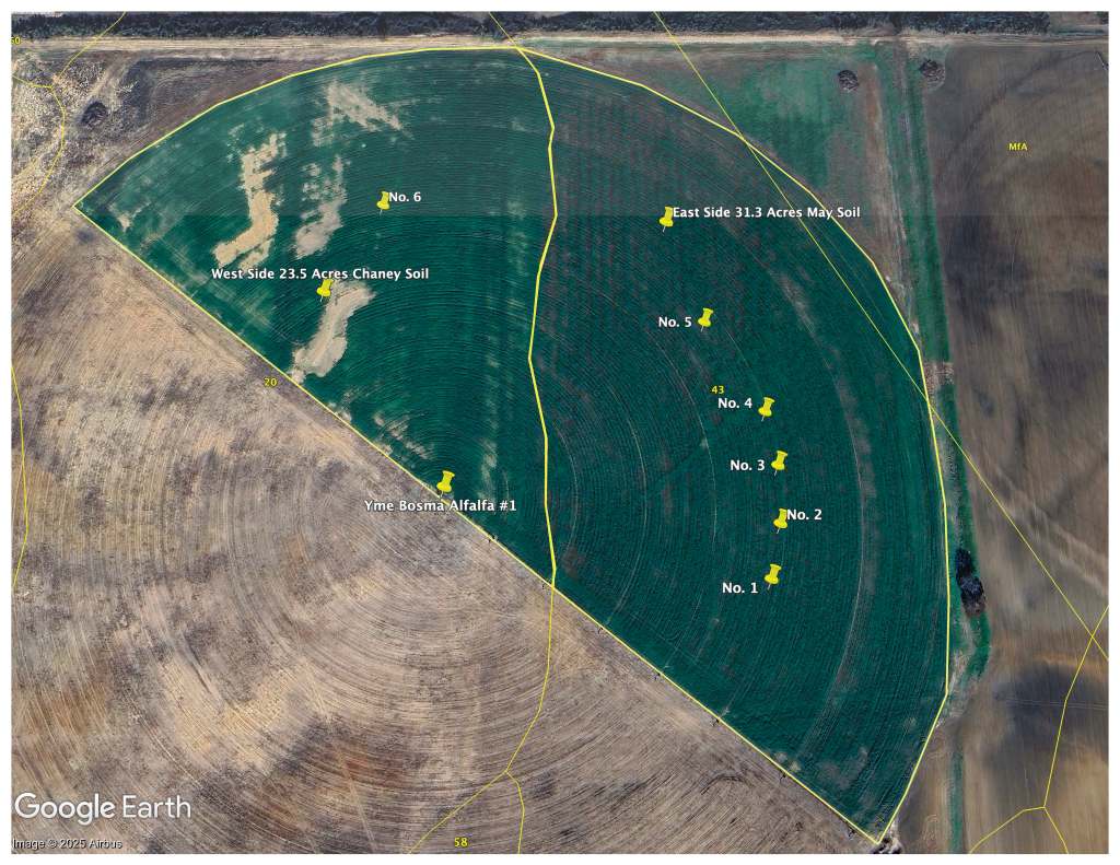 Aerial map of agricultural land divided into numbered sections, showing different soil types including Chaney and May soils, with alfalfa noted in the West Side.