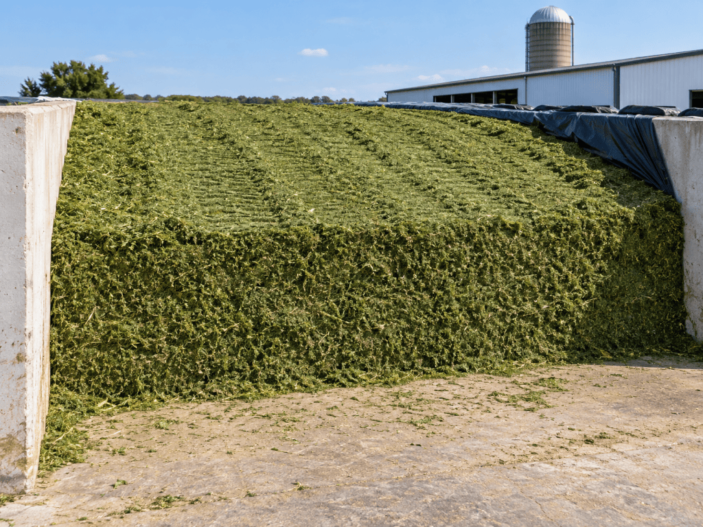 A large mound of freshly cut grass or silage stored in a concrete bunker, with a farm building and silos in the background under a clear blue sky.