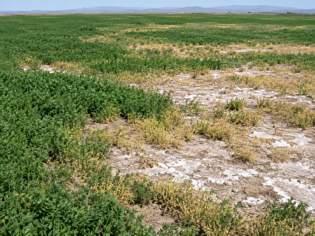 A green field with patches of yellowing plants and dry, cracked earth, indicating uneven growth and possible salt deposits in the soil.