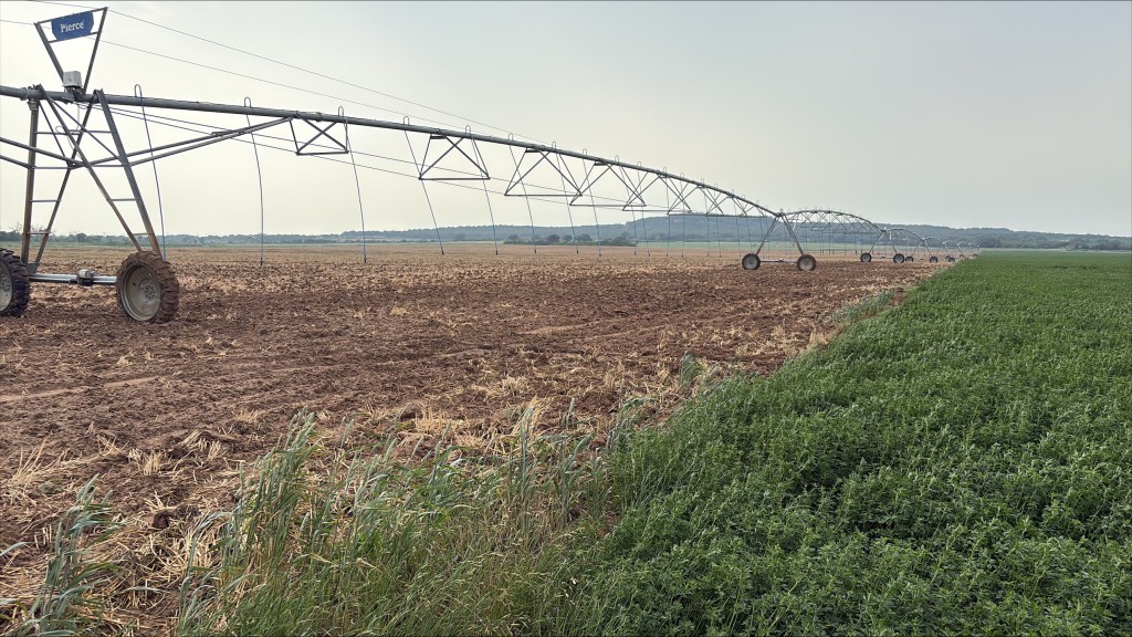 A large irrigation system spans across a flat agricultural field, with rows of crops on the right and freshly plowed soil on the left. The sky appears overcast.
